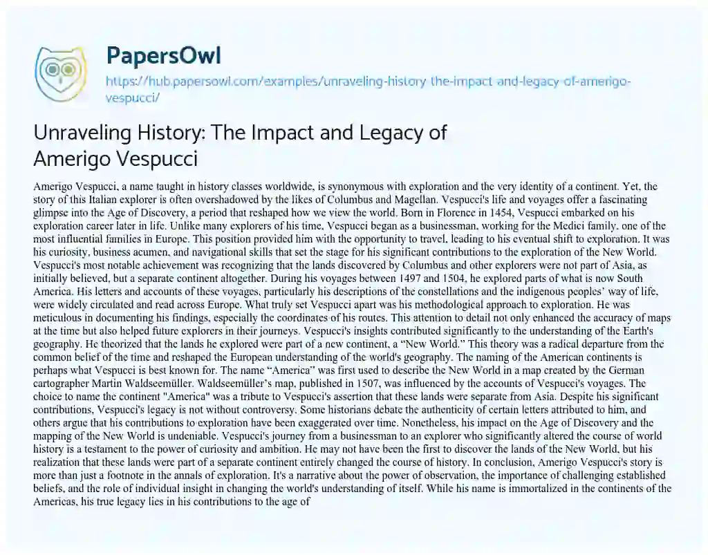 Essay on Unraveling History: The Impact and Legacy of Amerigo Vespucci