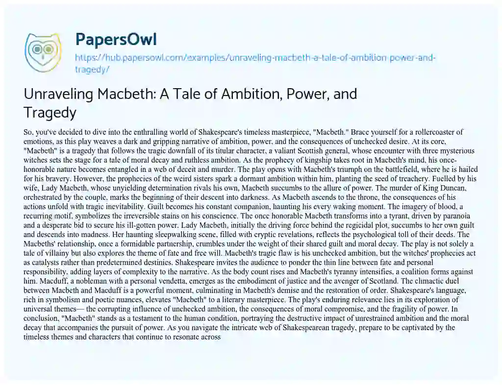 Essay on Unraveling Macbeth: A Tale of Ambition, Power, and Tragedy