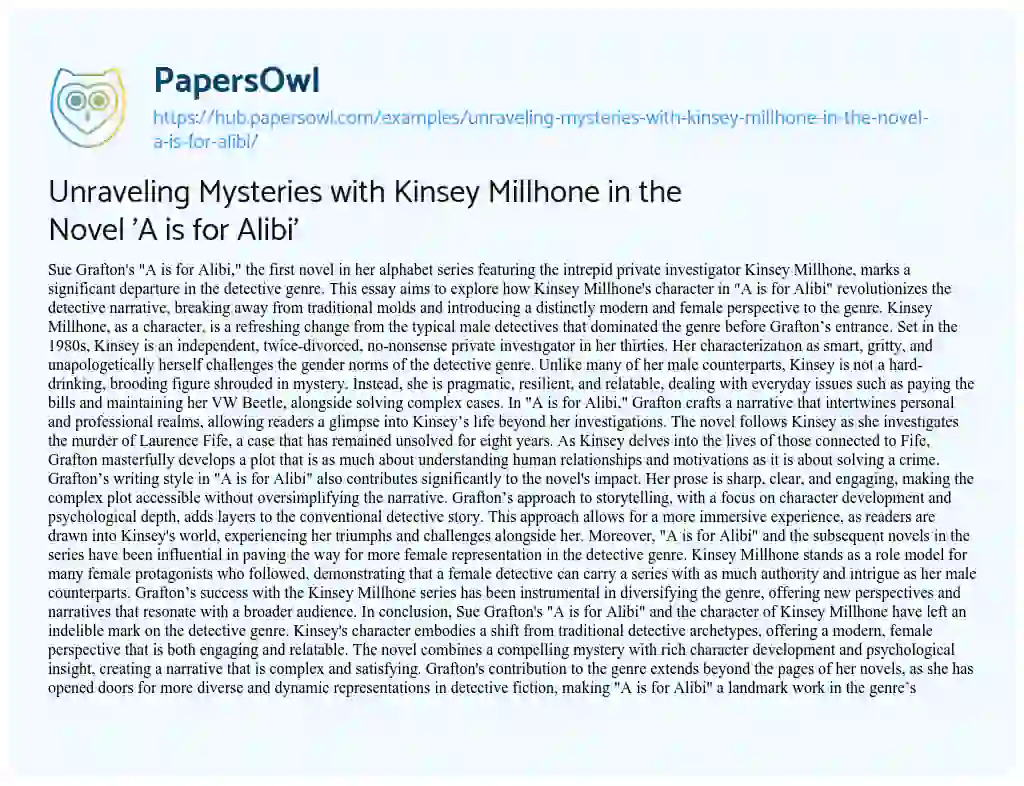 Essay on Unraveling Mysteries with Kinsey Millhone in the Novel ‘A is for Alibi’