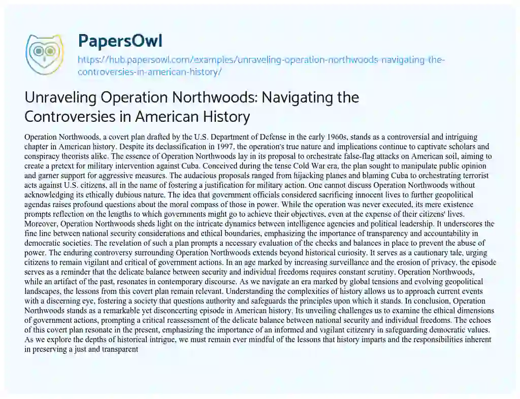 Essay on Unraveling Operation Northwoods: Navigating the Controversies in American History