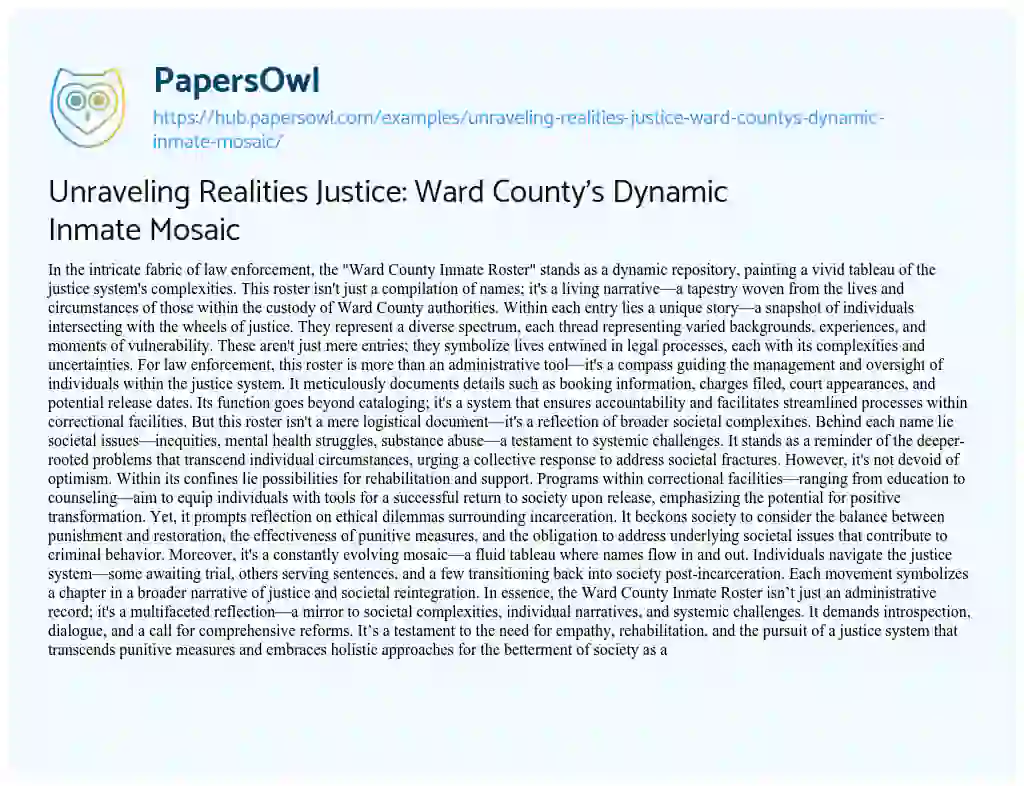 Essay on Unraveling Realities Justice: Ward County’s Dynamic Inmate Mosaic