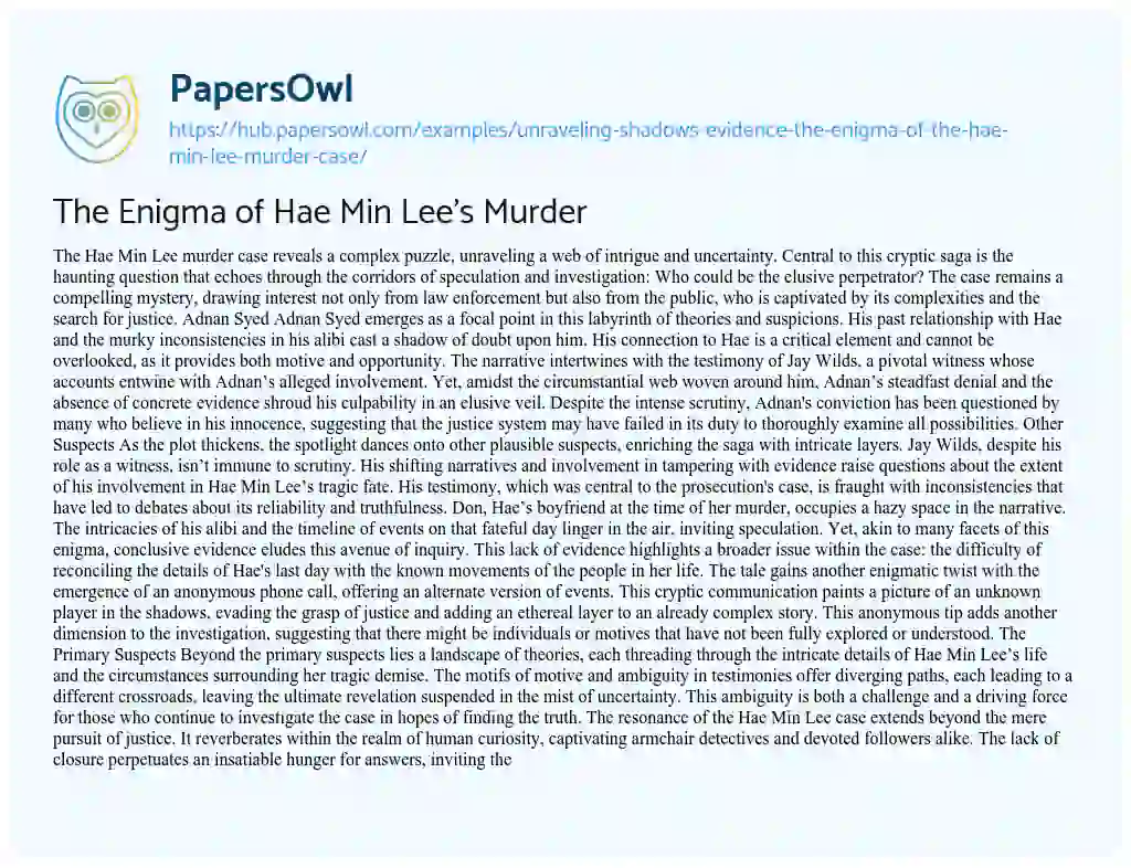 Essay on The Enigma of Hae Min Lee’s Murder