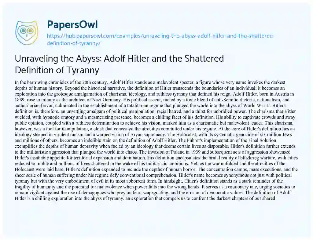Essay on Unraveling the Abyss: Adolf Hitler and the Shattered Definition of Tyranny