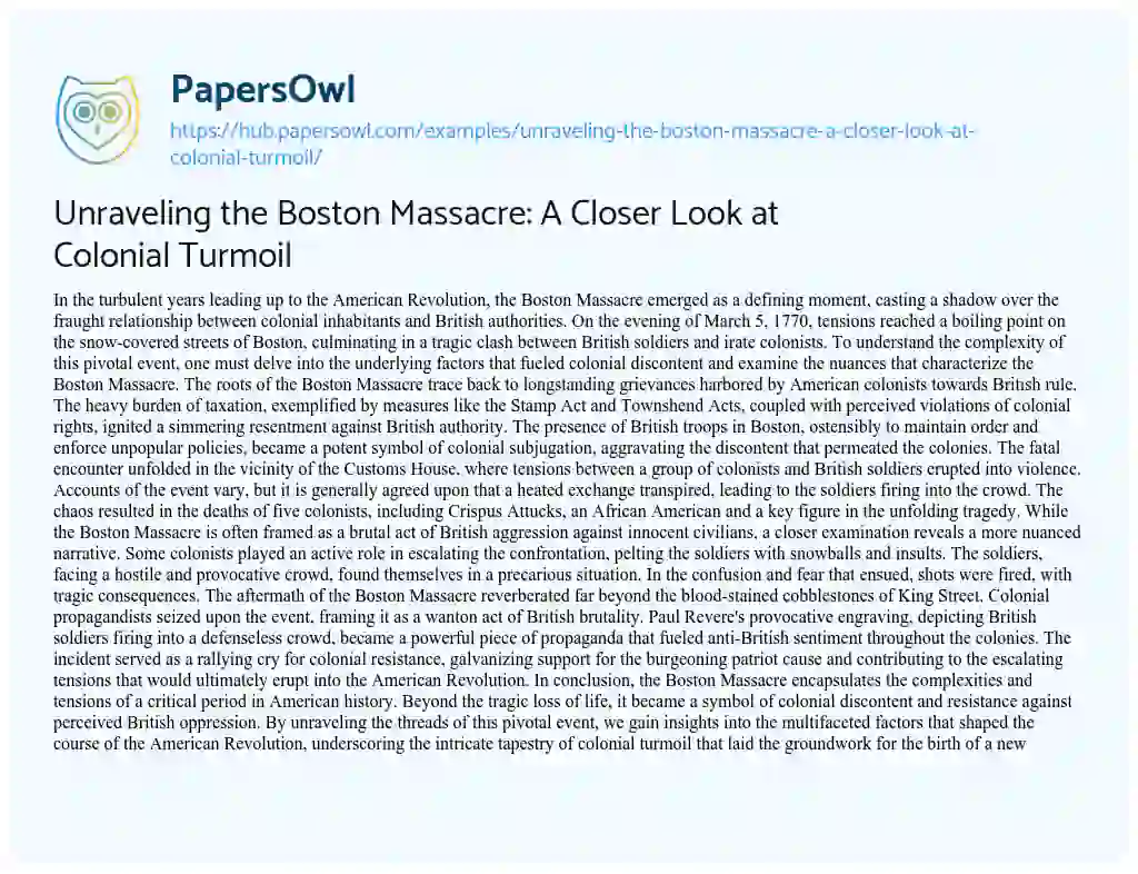 Essay on Unraveling the Boston Massacre: A Closer Look at Colonial Turmoil