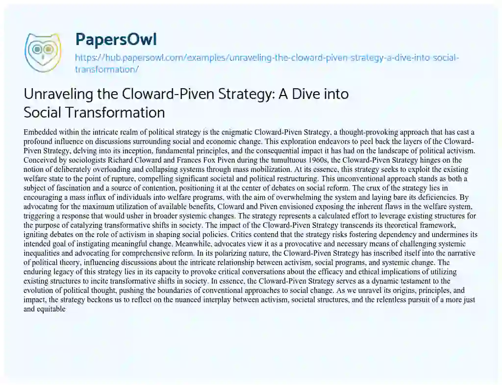 Essay on Unraveling the Cloward-Piven Strategy: A Dive into Social Transformation