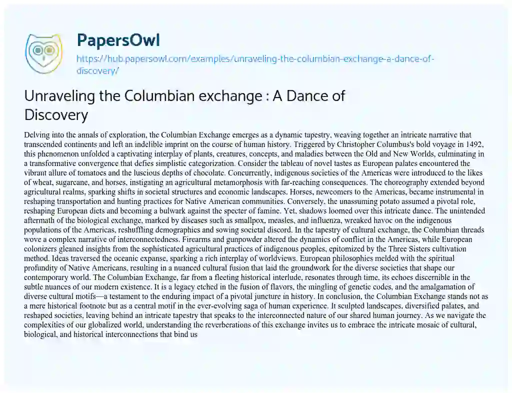Essay on Unraveling the Columbian exchange : A Dance of Discovery
