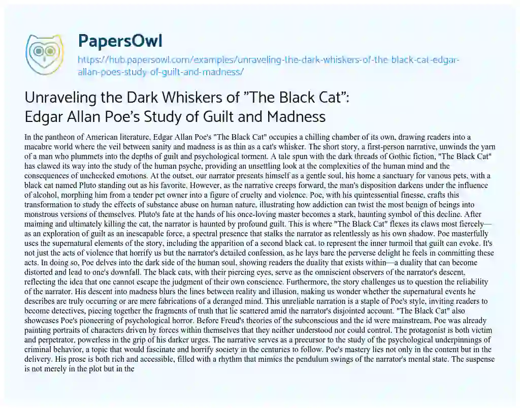 Essay on Unraveling the Dark Whiskers of “The Black Cat”: Edgar Allan Poe’s Study of Guilt and Madness