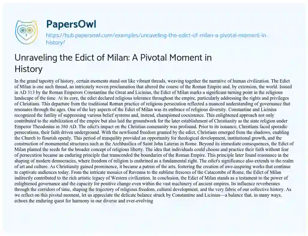 Essay on Unraveling the Edict of Milan: A Pivotal Moment in History