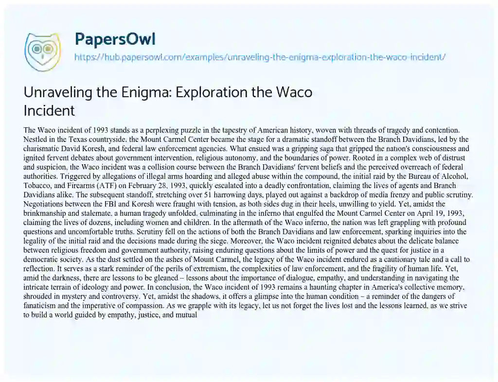 Essay on Unraveling the Enigma: Exploration the Waco Incident
