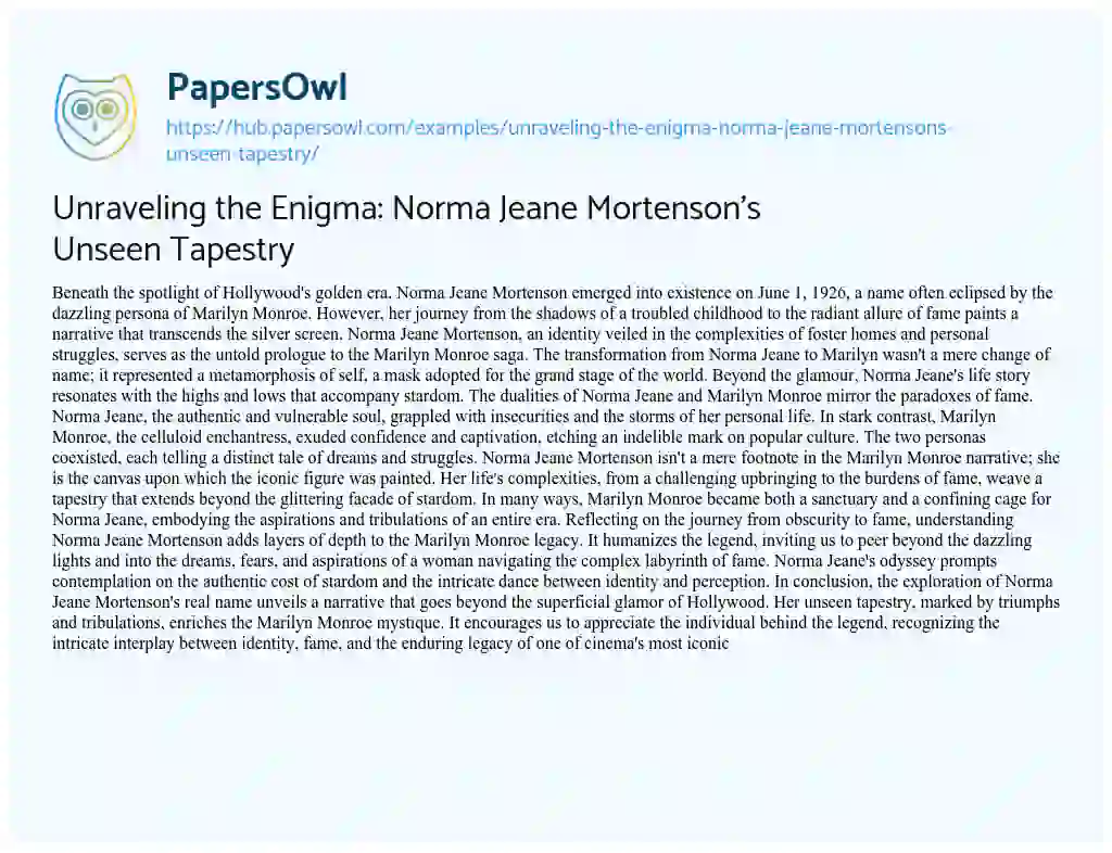 Essay on Unraveling the Enigma: Norma Jeane Mortenson’s Unseen Tapestry