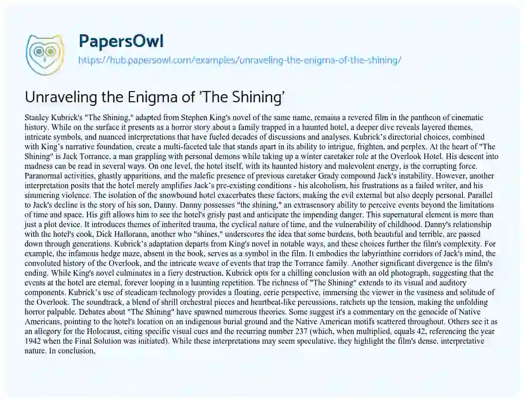 Essay on Unraveling the Enigma of ‘The Shining’