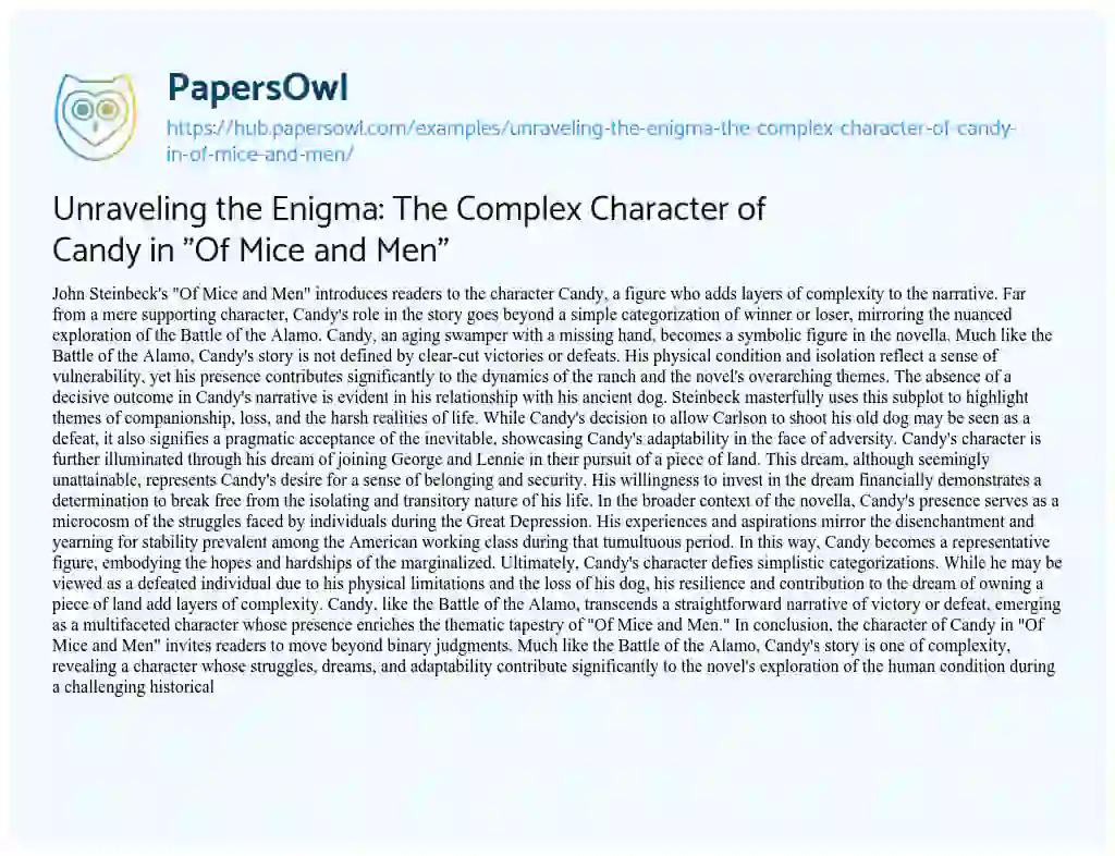 Essay on Unraveling the Enigma: The Complex Character of Candy in “Of Mice and Men”