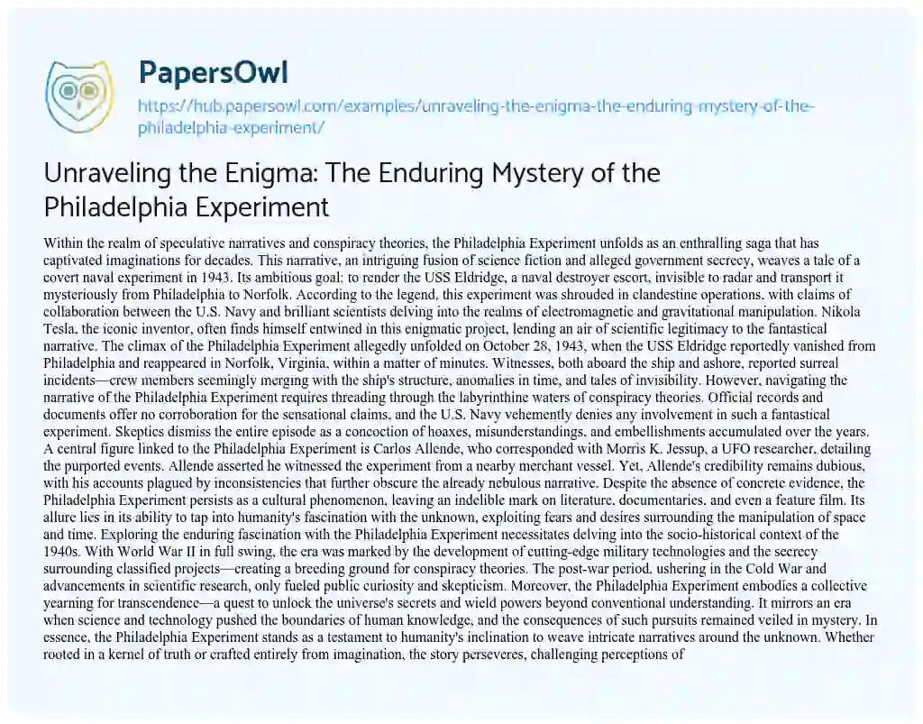 Essay on Unraveling the Enigma: The Enduring Mystery of the Philadelphia Experiment