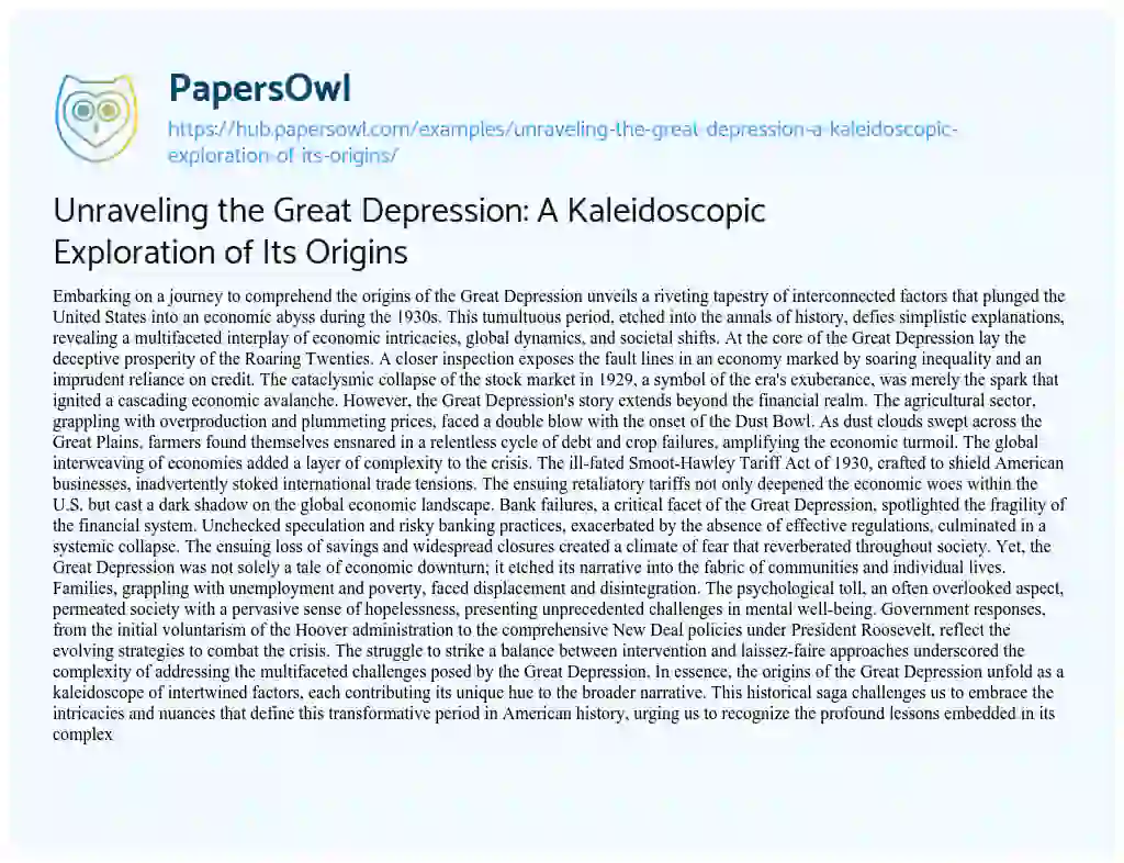 Essay on Unraveling the Great Depression: A Kaleidoscopic Exploration of Its Origins