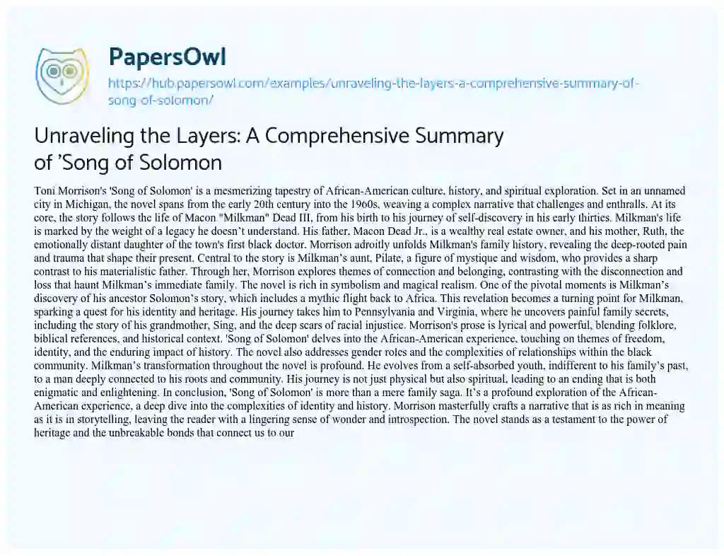 Essay on Unraveling the Layers: A Comprehensive Summary of ‘Song of Solomon