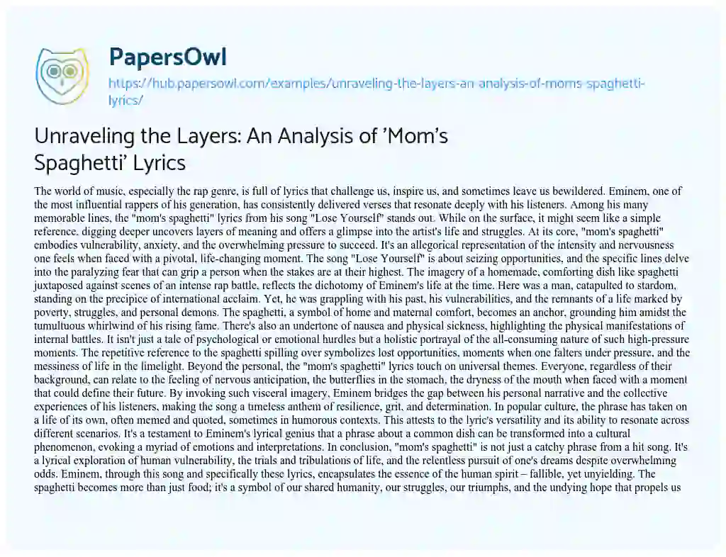 Essay on Unraveling the Layers: An Analysis of ‘Mom’s Spaghetti’ Lyrics