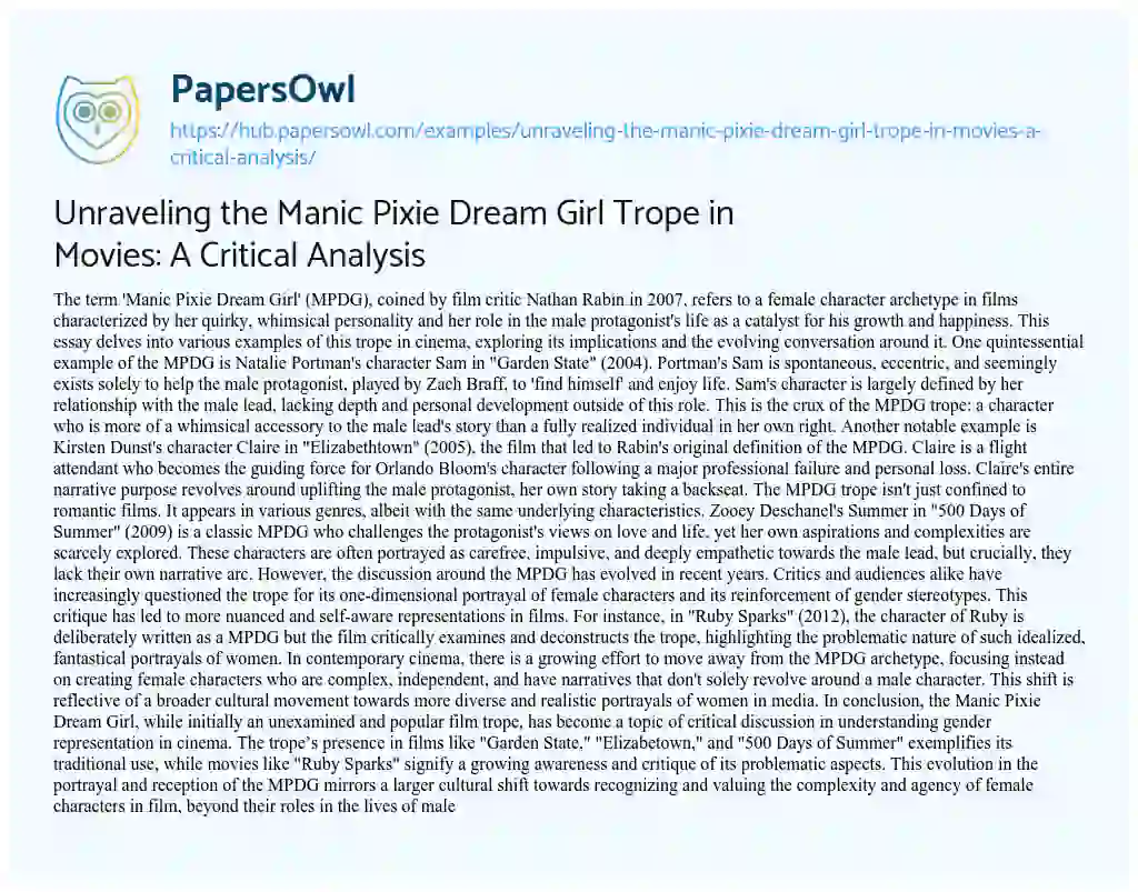 Essay on Unraveling the Manic Pixie Dream Girl Trope in Movies: A Critical Analysis