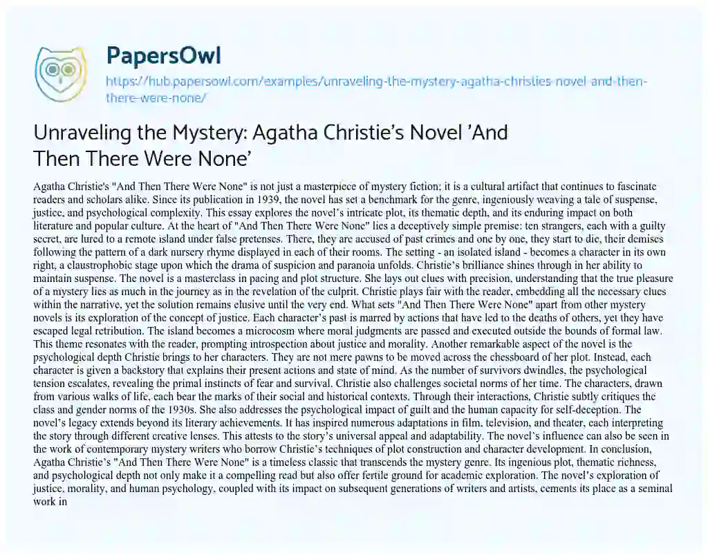 Essay on Unraveling the Mystery: Agatha Christie’s Novel ‘And Then There Were None’