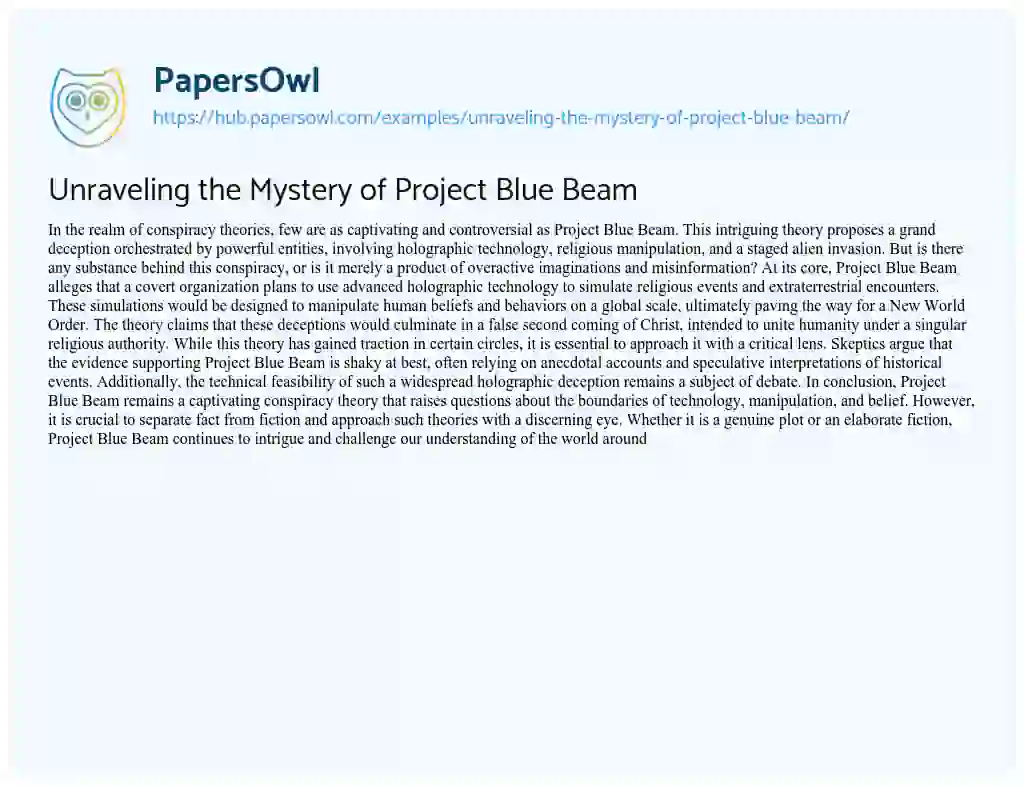 Essay on Unraveling the Mystery of Project Blue Beam