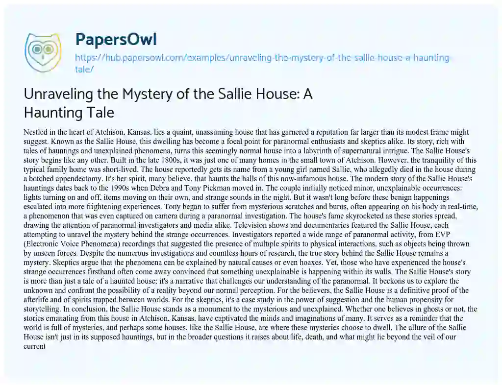 Essay on Unraveling the Mystery of the Sallie House: A Haunting Tale