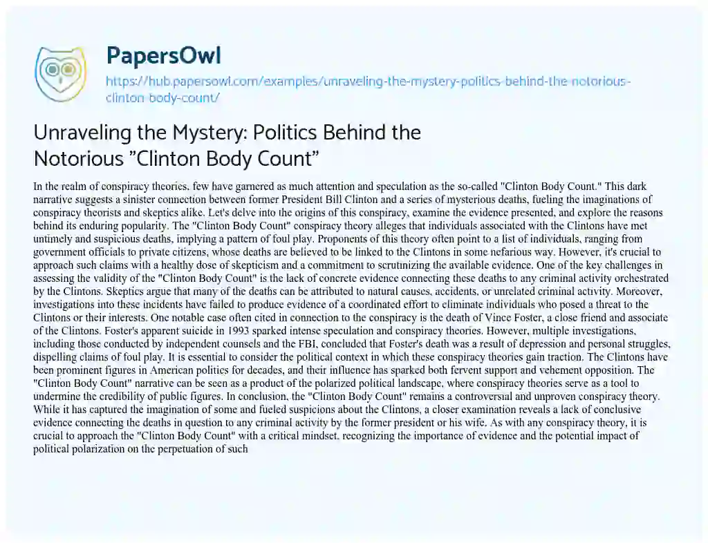 Essay on Unraveling the Mystery: Politics Behind the Notorious “Clinton Body Count”