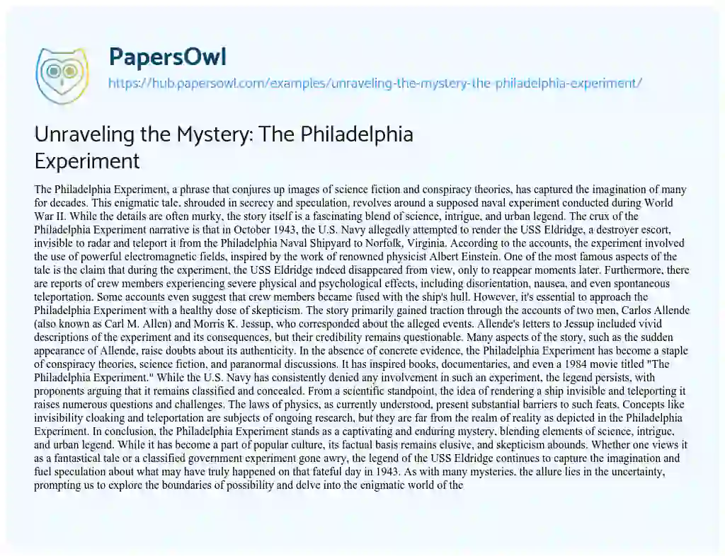 Essay on Unraveling the Mystery: The Philadelphia Experiment