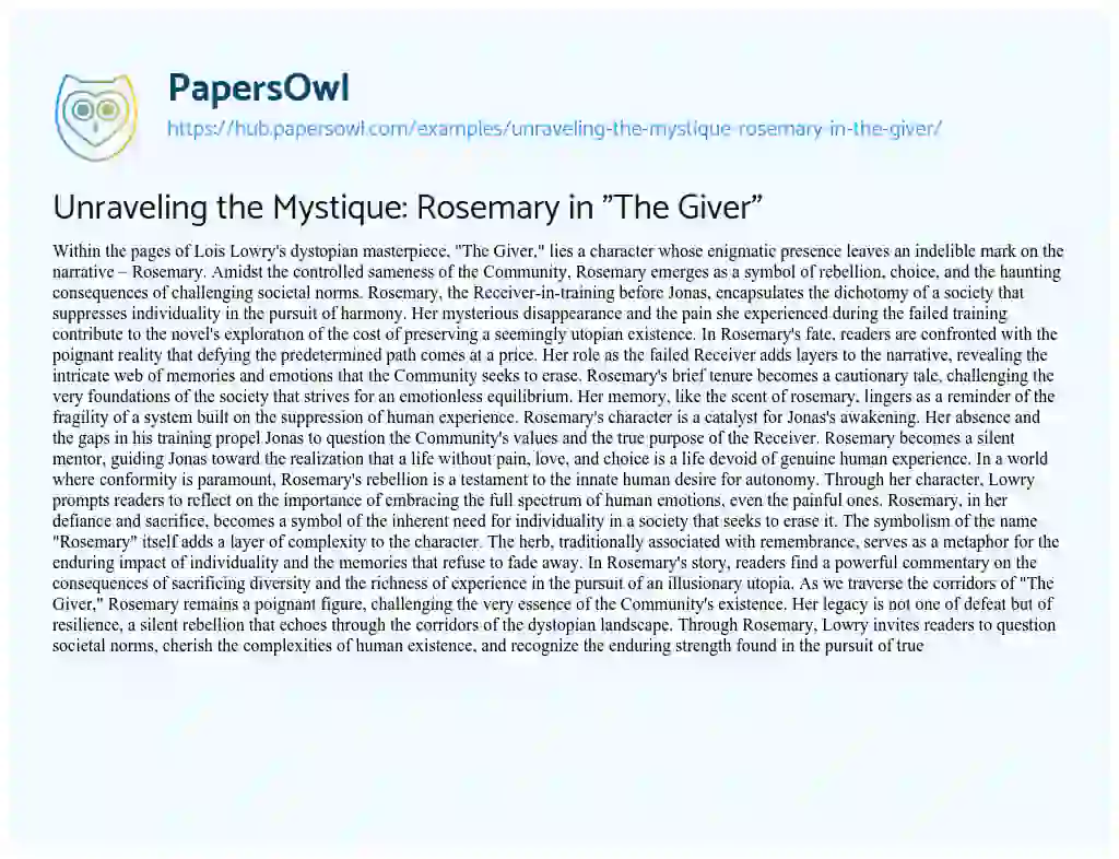 Essay on Unraveling the Mystique: Rosemary in “The Giver”