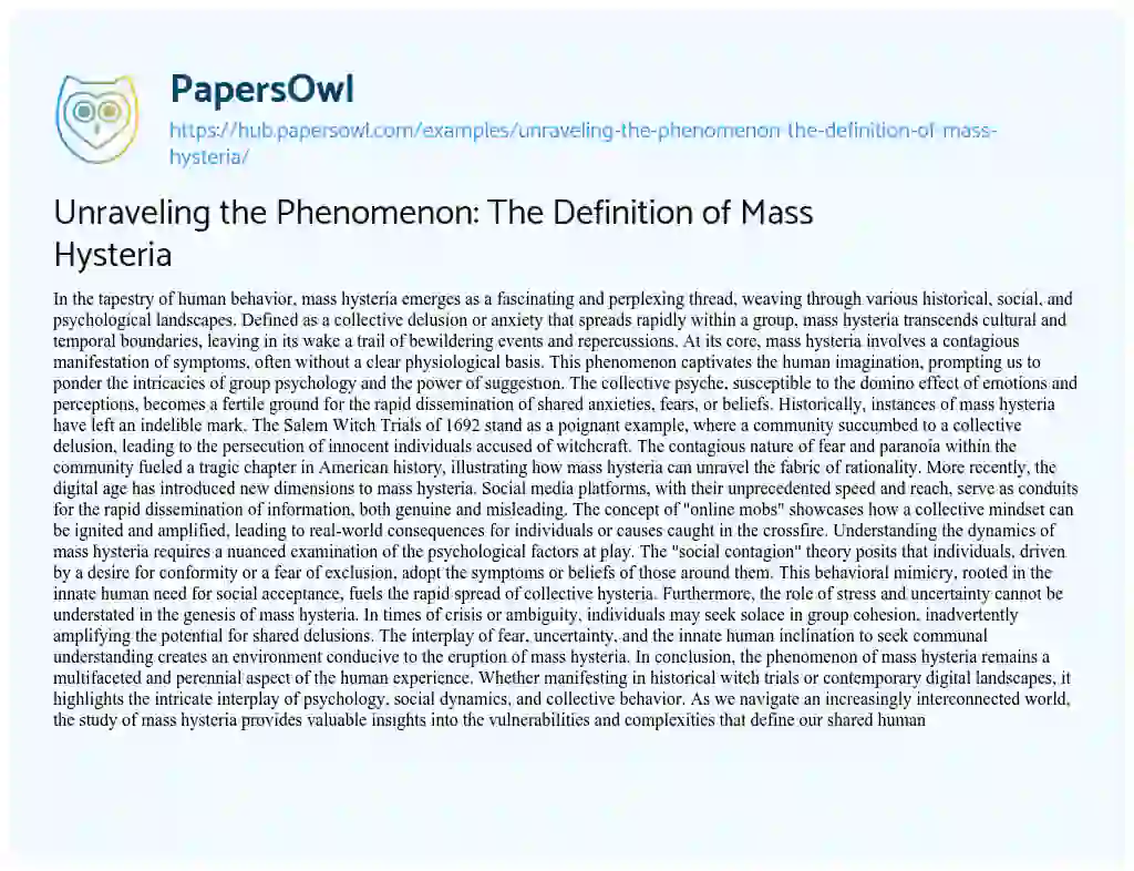 Essay on Unraveling the Phenomenon: The Definition of Mass Hysteria