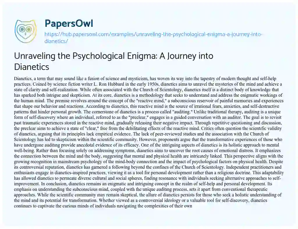 Essay on Unraveling the Psychological Enigma: A Journey into Dianetics