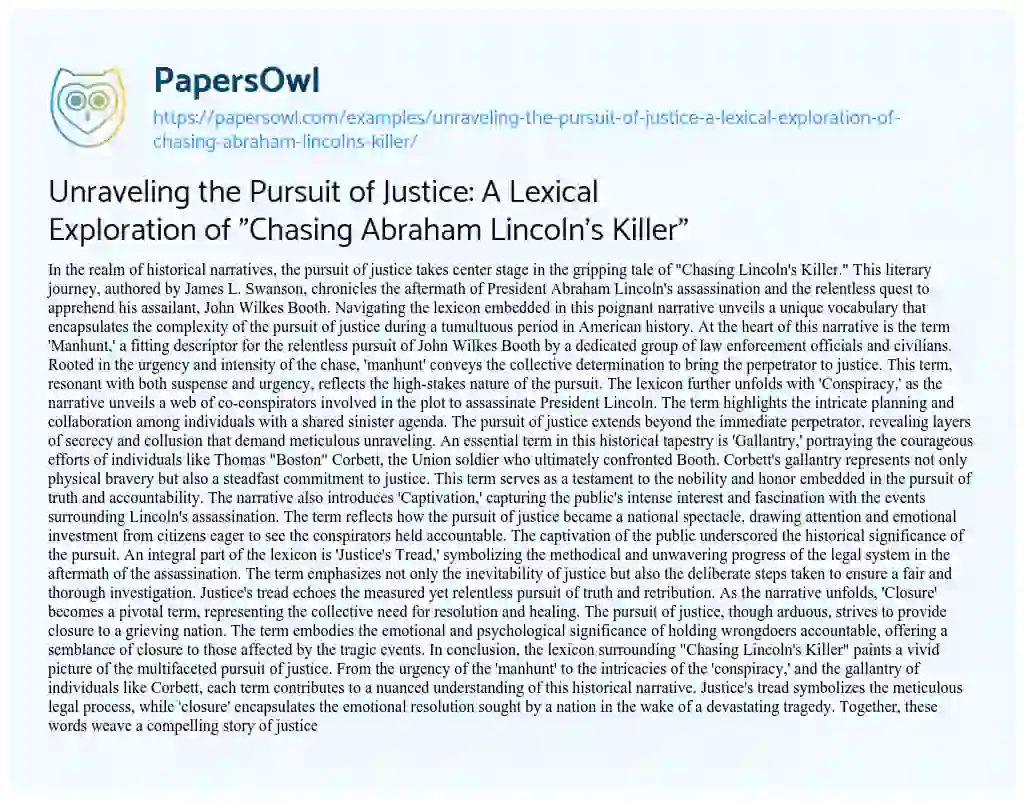 Essay on Unraveling the Pursuit of Justice: A Lexical Exploration of “Chasing Abraham Lincoln’s Killer”