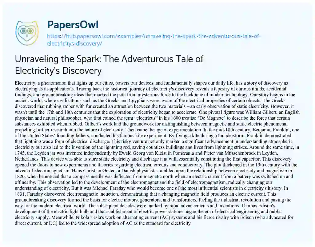 Essay on Unraveling the Spark: The Adventurous Tale of Electricity’s Discovery