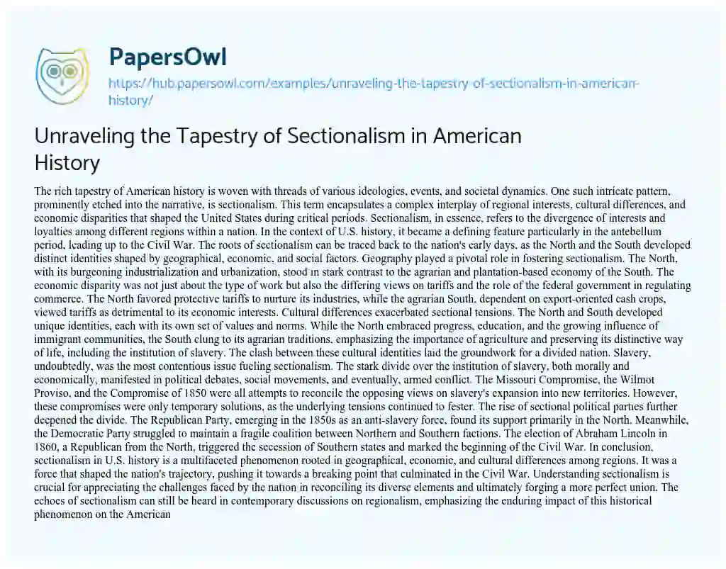 Essay on Unraveling the Tapestry of Sectionalism in American History