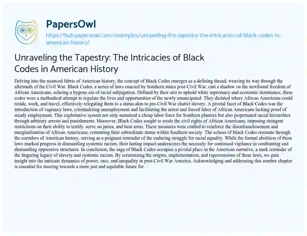 Essay on Unraveling the Tapestry: The Intricacies of Black Codes in American History