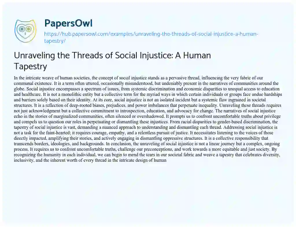 Essay on Unraveling the Threads of Social Injustice: A Human Tapestry