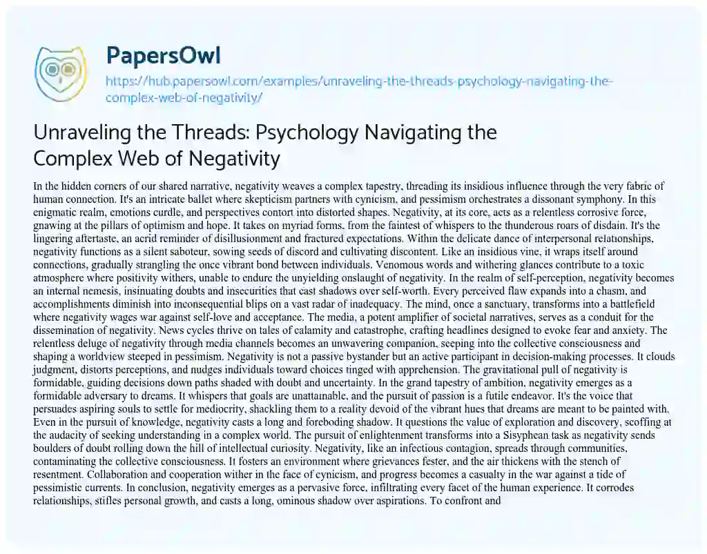 Essay on Unraveling the Threads: Psychology Navigating the Complex Web of Negativity