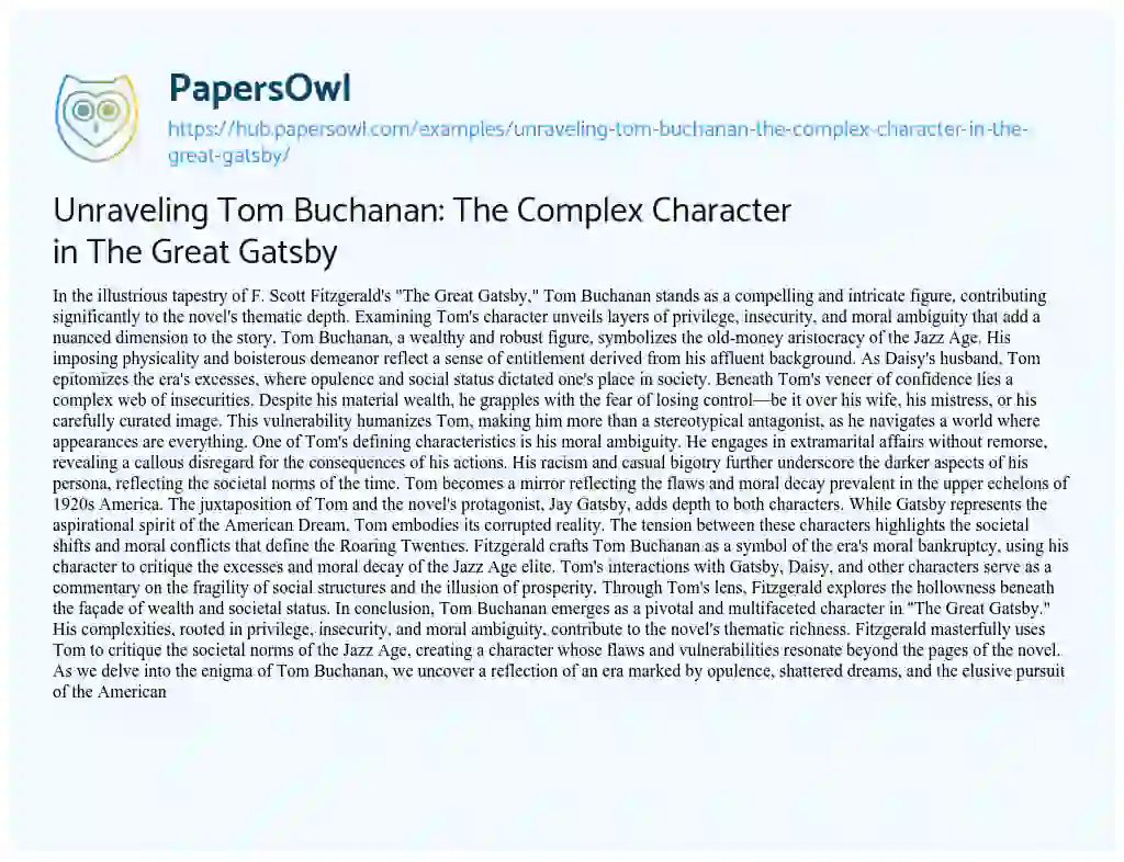 Essay on Unraveling Tom Buchanan: The Complex Character in The Great Gatsby