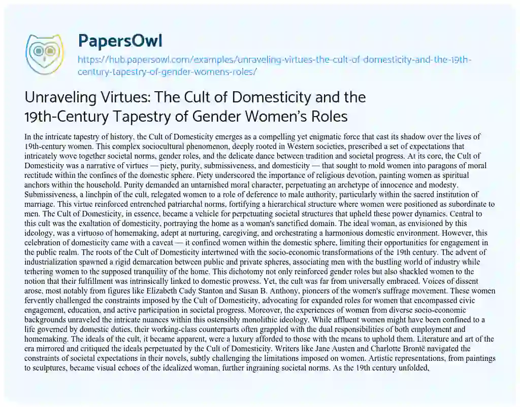 Essay on Unraveling Virtues: The Cult of Domesticity and the 19th-Century Tapestry of Gender Women’s Roles
