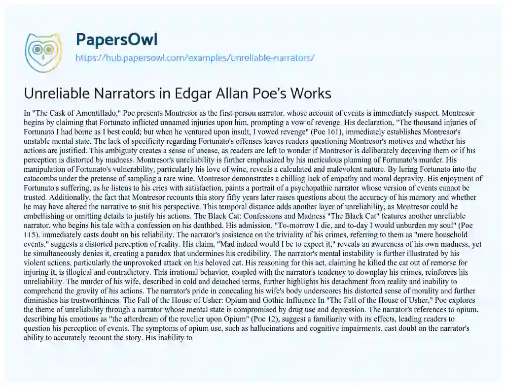 Essay on Unreliable Narrators in Edgar Allan Poe’s Works