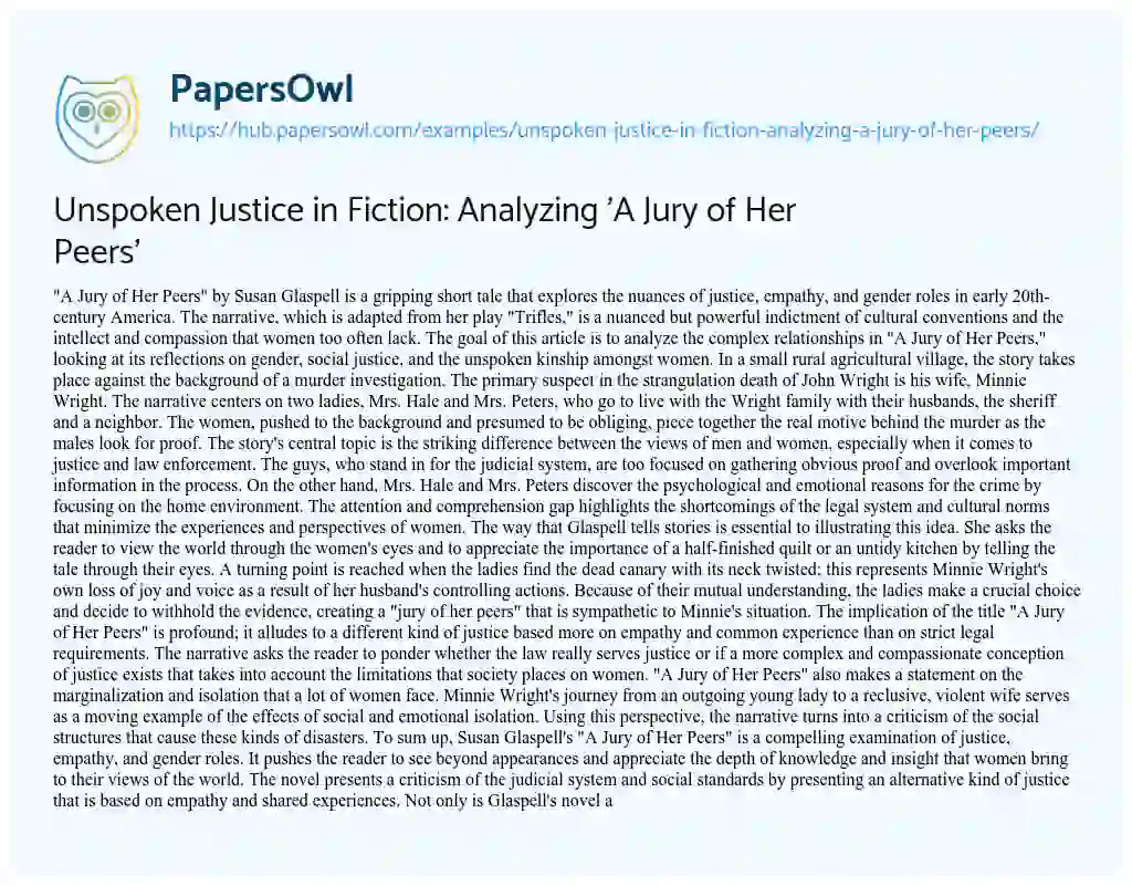Essay on Unspoken Justice in Fiction: Analyzing ‘A Jury of Her Peers’