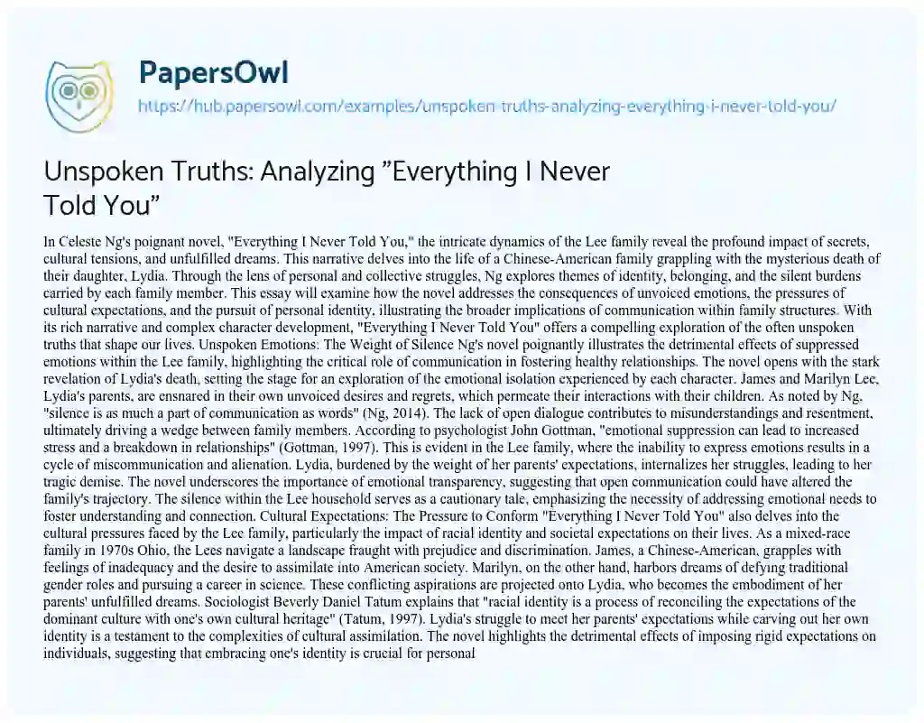 Essay on Unspoken Truths: Analyzing “Everything I Never Told You”