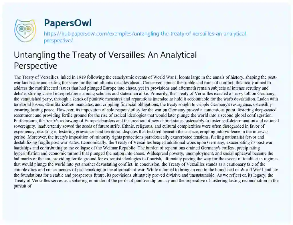 Essay on Untangling the Treaty of Versailles: An Analytical Perspective