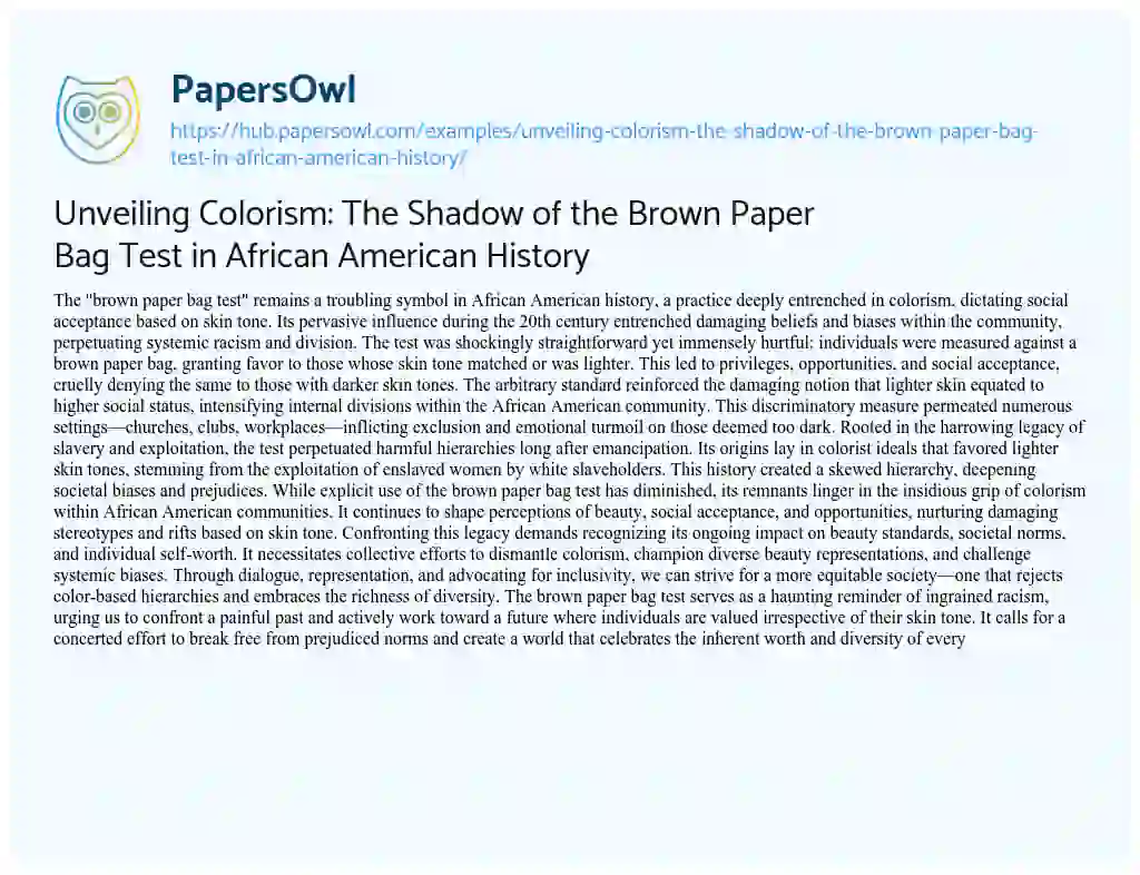 Essay on Unveiling Colorism: The Shadow of the Brown Paper Bag Test in African American History
