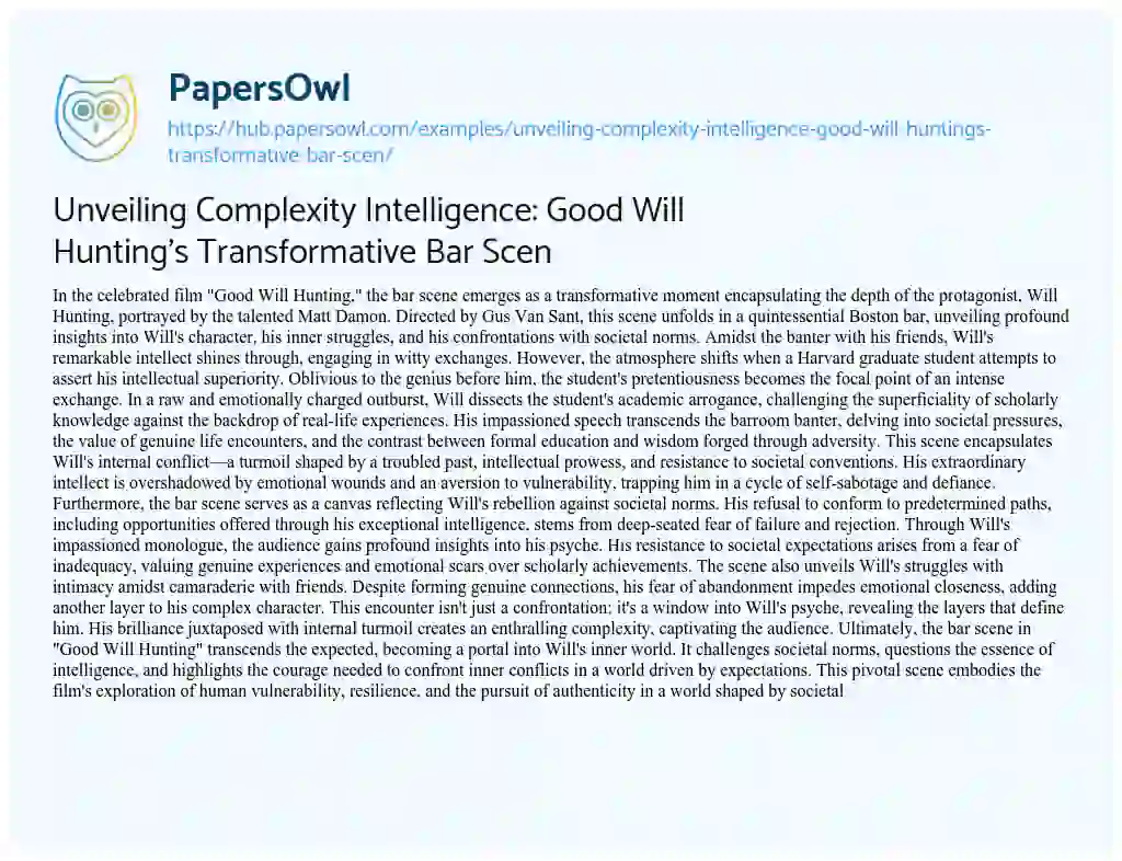 Essay on Unveiling Complexity Intelligence: Good Will Hunting’s Transformative Bar Scen
