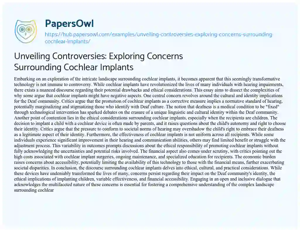 Essay on Unveiling Controversies: Exploring Concerns Surrounding Cochlear Implants