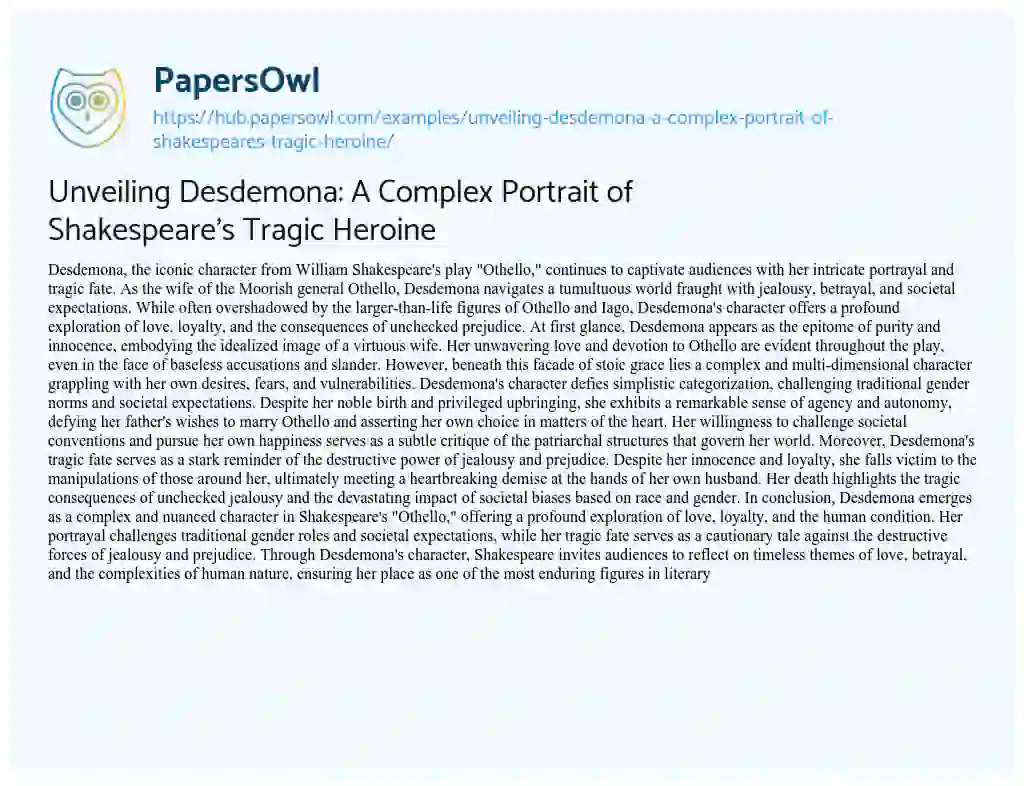 Essay on Unveiling Desdemona: A Complex Portrait of Shakespeare’s Tragic Heroine