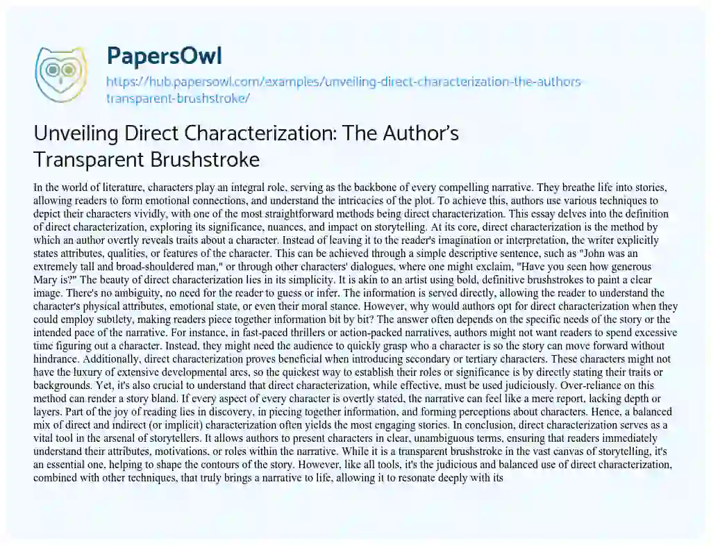 Essay on Unveiling Direct Characterization: The Author’s Transparent Brushstroke
