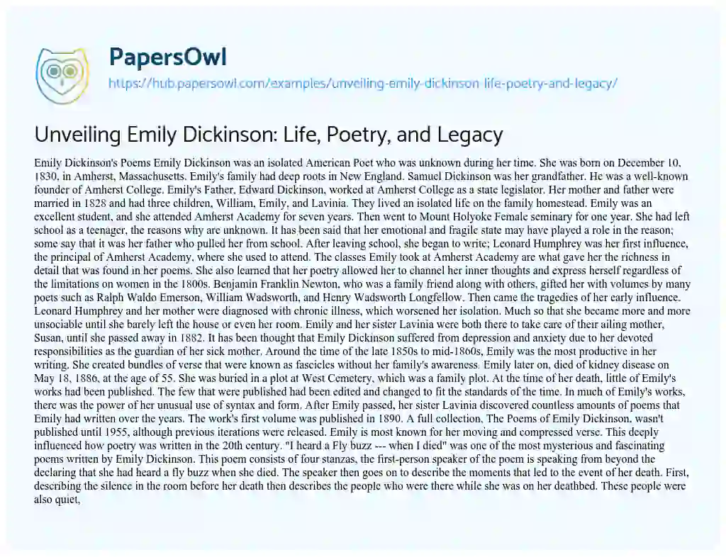 Essay on Unveiling Emily Dickinson: Life, Poetry, and Legacy