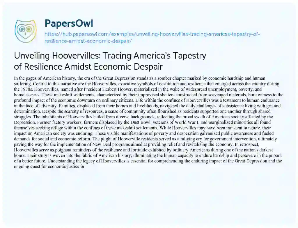 Essay on Unveiling Hoovervilles: Tracing America’s Tapestry of Resilience Amidst Economic Despair