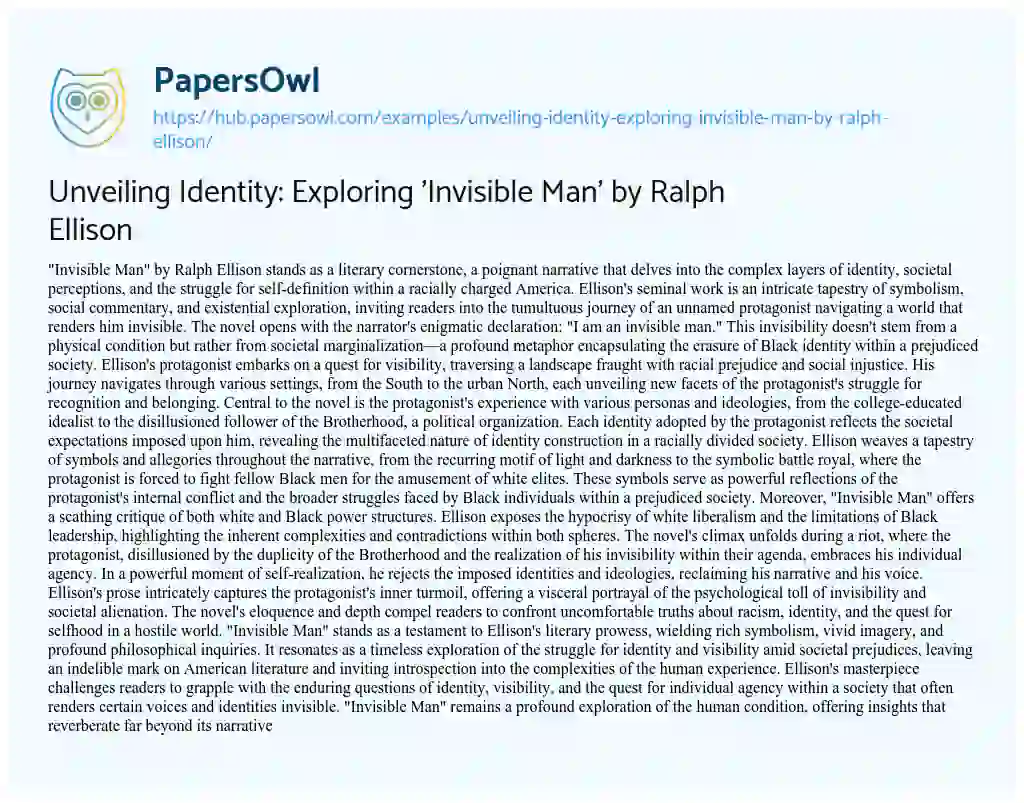 Essay on Unveiling Identity: Exploring ‘Invisible Man’ by Ralph Ellison
