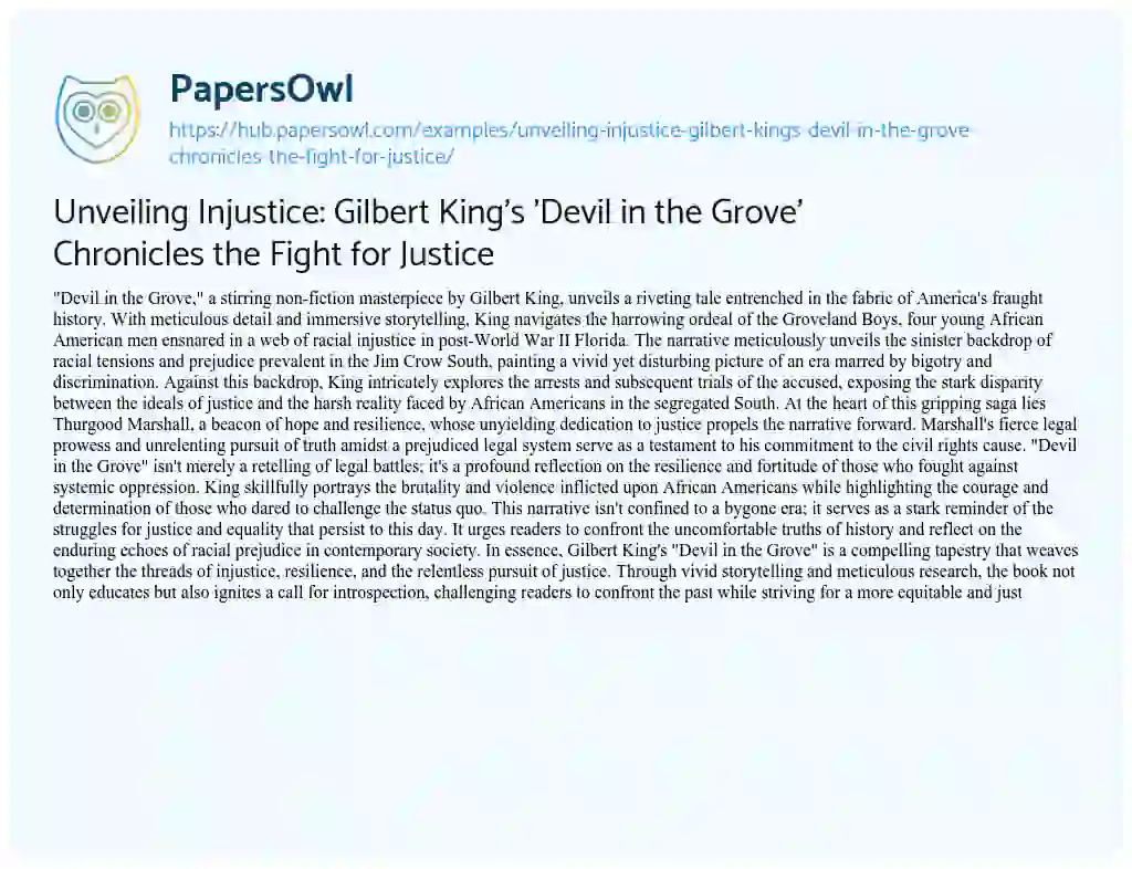 Essay on Unveiling Injustice: Gilbert King’s ‘Devil in the Grove’ Chronicles the Fight for Justice